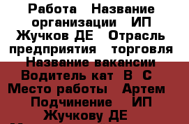 Работа › Название организации ­ ИП Жучков ДЕ › Отрасль предприятия ­ торговля › Название вакансии ­ Водитель кат. В, С › Место работы ­ Артем › Подчинение ­  ИП Жучкову ДЕ › Минимальный оклад ­ 25 000 › Максимальный оклад ­ 30 000 › Возраст от ­ 25 › Возраст до ­ 50 - Приморский край, Артем г. Работа » Вакансии   . Приморский край,Артем г.